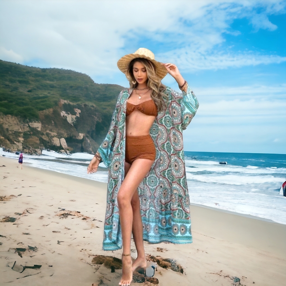 New! Long Boho Pattern Chic Venus Sky Blue Kimono Cover up